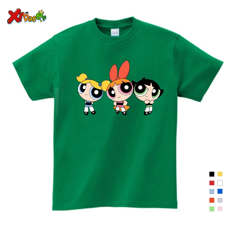 Футболка для девочек «Powerpuff», одежда из чистого хлопка, детская одежда с короткими рукавами и круглым вырезом для маленьких мальчиков и девочек 3, 4, 5, 6, 7, 8 лет - Цвет: Kids T-shirt