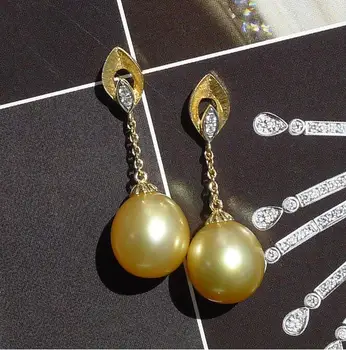 

Free Shipping 10.7-10.8MM Golden Real South Sea Pearl Diamond Drop Earrings 18K Yellow Gold