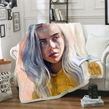 

Billie Eilish Singer 3D Printing Plush Fleece Blanket Adult Fashion Quilts Home Office Casual Kids Sherpa Blanket 07