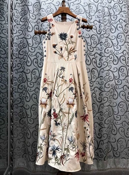 

2020 Spring and Summer New Women's round Neck Back Zipper Decorations Embroidered Flowers Print Sleeveless Dress 530