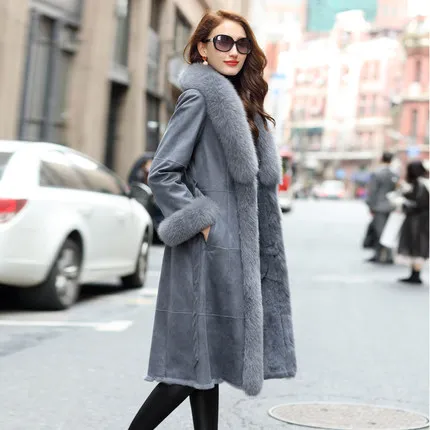 Women Winter Rabbit Leather Jacket Superior Quality Fox Fur Collar Rabbit Fur Liner Jacket Real Leather Jacket Parka Cothes - Цвет: Denim Blue