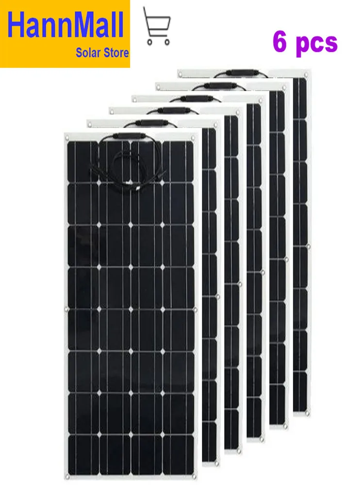 

HannMall 600W(6PCS*100W) PET Cover flexible solar panels for RV,BOAT 12V battery charger Monocrystalline solar cell