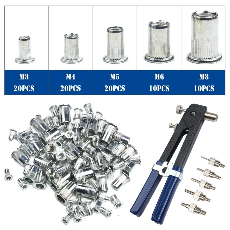 86Pcs M3 M8 Blind Hand Rivet Nuts Threaded Insert Rivet Tool Riveter