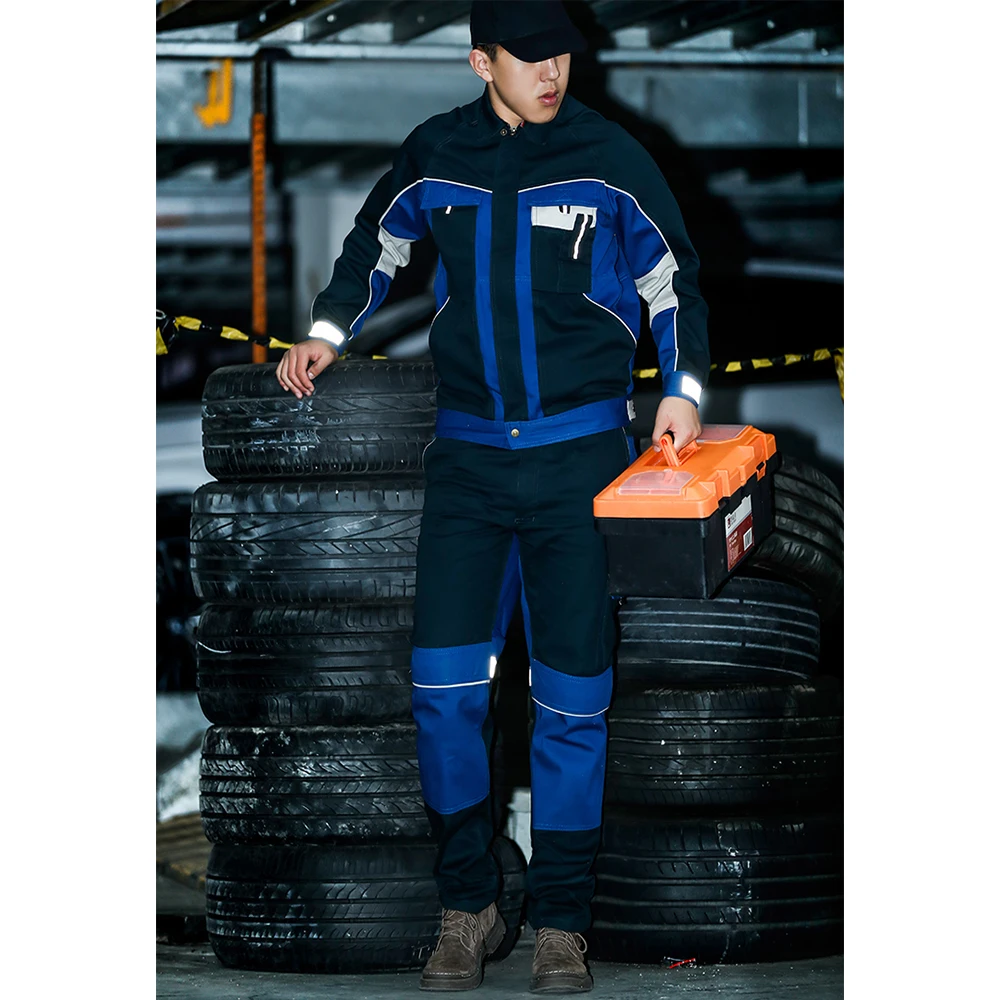 100% Cotton Working Suit for Man Mechanic with Reflective Stripes Two Tone Work Jacket Uniform Long Sleeve and Cargo Pants Set 4