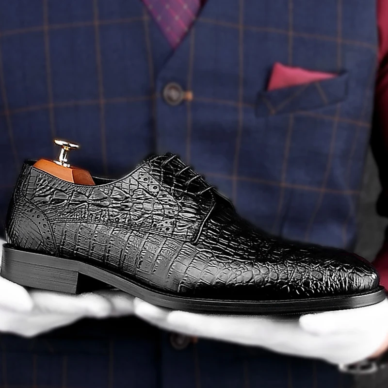 New Luxury Genuine Leather Men's Heels Derby Wedding Oxfords Pointed Toe Laces Alligator Pattern Man Formal Dress Shoes HKN175 - Цвет: Man Black Shoes