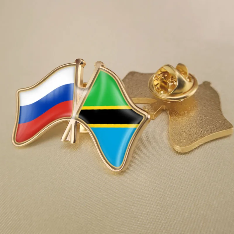 

Russian Federation and Tanzania Crossed Double Friendship Flags Lapel Pins Brooch Badges