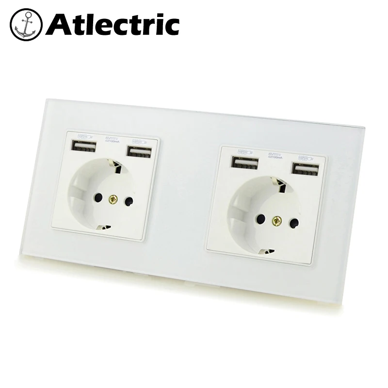 Atlectric EU Standard Plug Socket Dual USB Port Wall Power Socket Glass Panel Double Triple Quadruple Socket Electrical Outlet