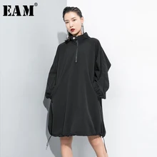 [EAM] женское черное платье с разрезом, на молнии, большой размер, новинка, высокий воротник, длинный рукав, свободный крой, мода, весна-осень, 1D657