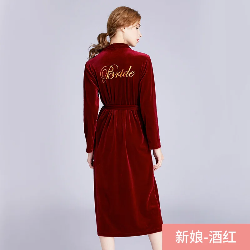 Бордовое велюровое кимоно с вышивкой для невесты, женская пижама для подружки невесты, Женская домашняя одежда, ночная рубашка, банное платье, ночная рубашка