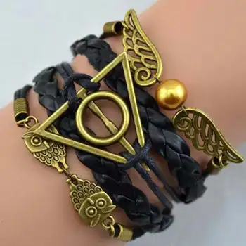 

Harri Potter Death Hallows HP Action Figure Retro Leather Cord Bracelet golden snitch Wings owl Triangle Multilayer Bracelet