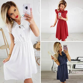

Casual Women Summer Dress V-neck Sleeveless Dot Printed Long Dress White Red High Waist Slim Ladies Office Chiffon Dress Vestido