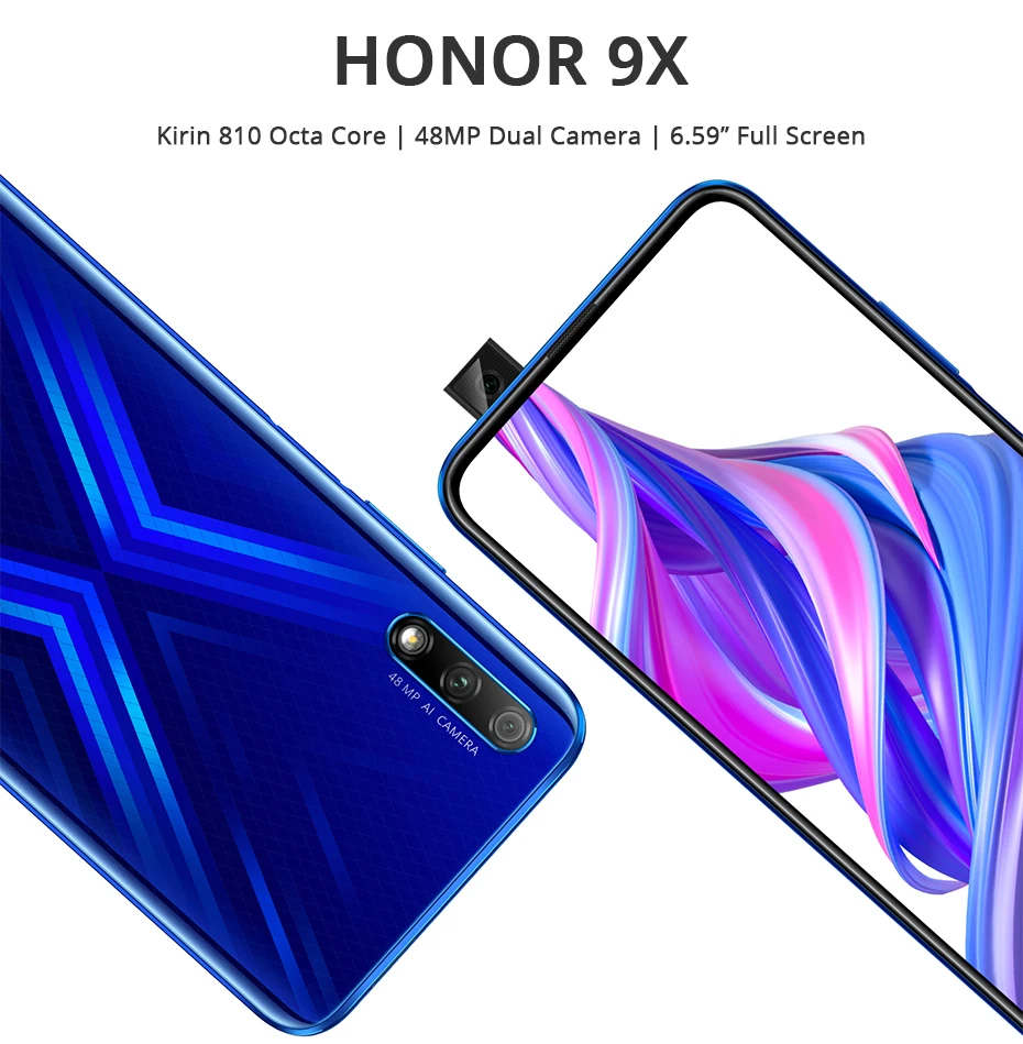 Honor 9X мобильный телефон 6,5 ''полный экран Kirin 810 Восьмиядерный Поддержка Google play 48MP всплывающая фронтальная камера 16MP 4000mAh