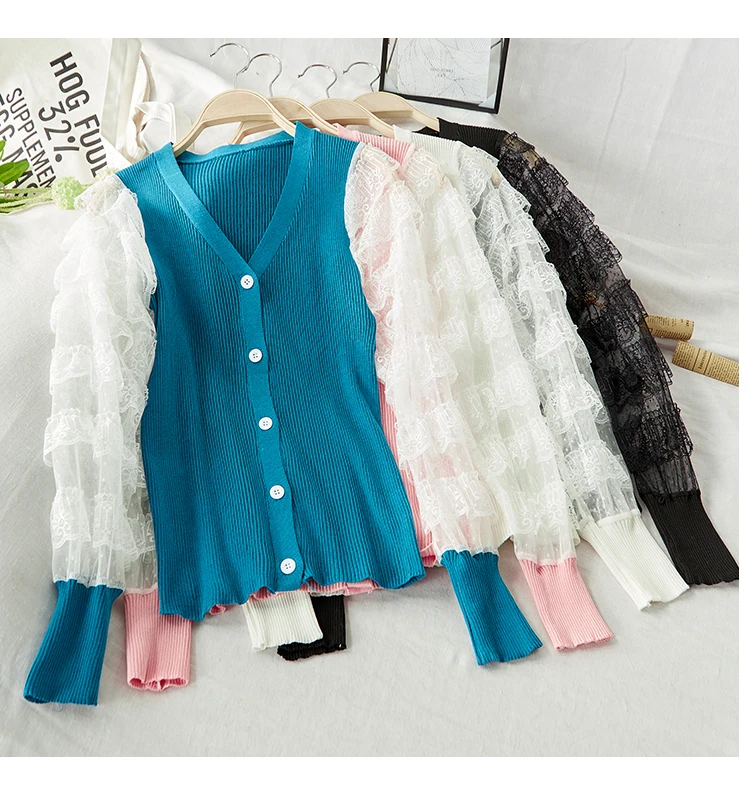 

Women Button Solid Color Knit Mesh Stitching Lace Tops Short Cardigan Long Sleeve Casual Warm Loose T-Shirts