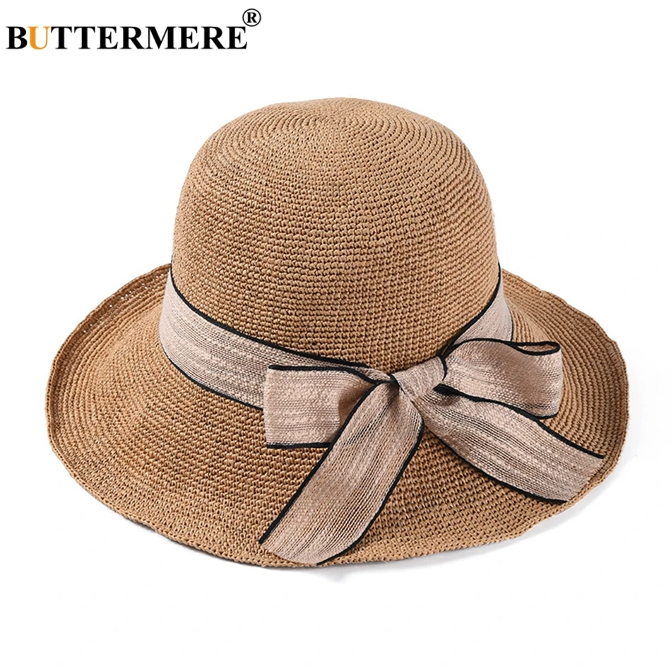 

BUTTERMERE Ladies Summer Hats Breathable Straw Summer Hat Women Camel Bowknot Foldable Sun Protection Designer Female Beach Hat