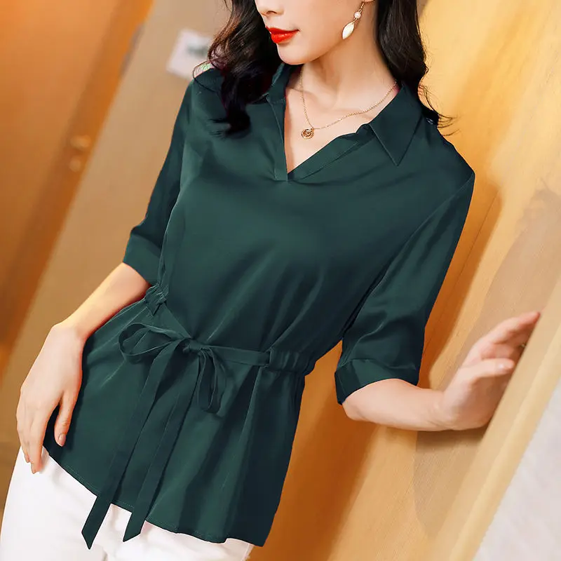 

New Women's Spring Autumn Blouses Fashion Long Sleeve Solid Color Women's Turn-down Collar Bow Office Women's Tops DF3214