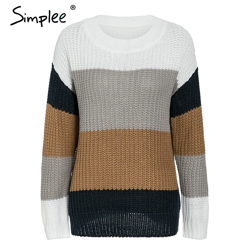 Simplee Повседневная женская свитер O-образным вырезом в полоску женский вязаный пуловер длинным рукавом рыхлый ленивый джемпер - Цвет: Коричневый