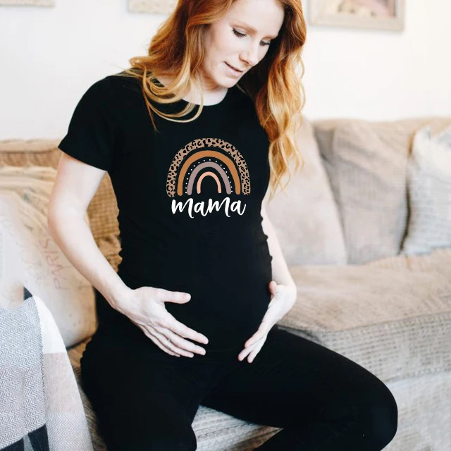 Nordic rainbow mama Printed Pregnant T Shirt Maternity Short Sleeve T-shirt Pregnancy Announcement Shirt New Mom Tshirts Clothes