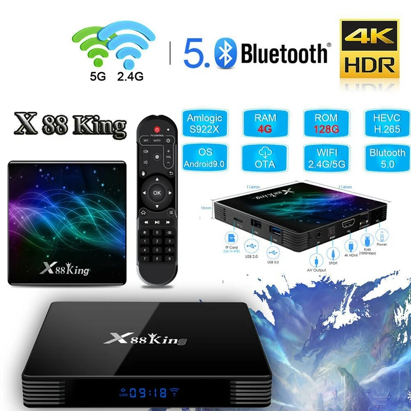 X88 King Android 9.0 4G/128G TV BOX S922X Hexa-Core 4K HD 1080P H.265 Set-Top BOX 2.4G/5G Dual Wifi Bluetooth 5.0 Smart BOX US P