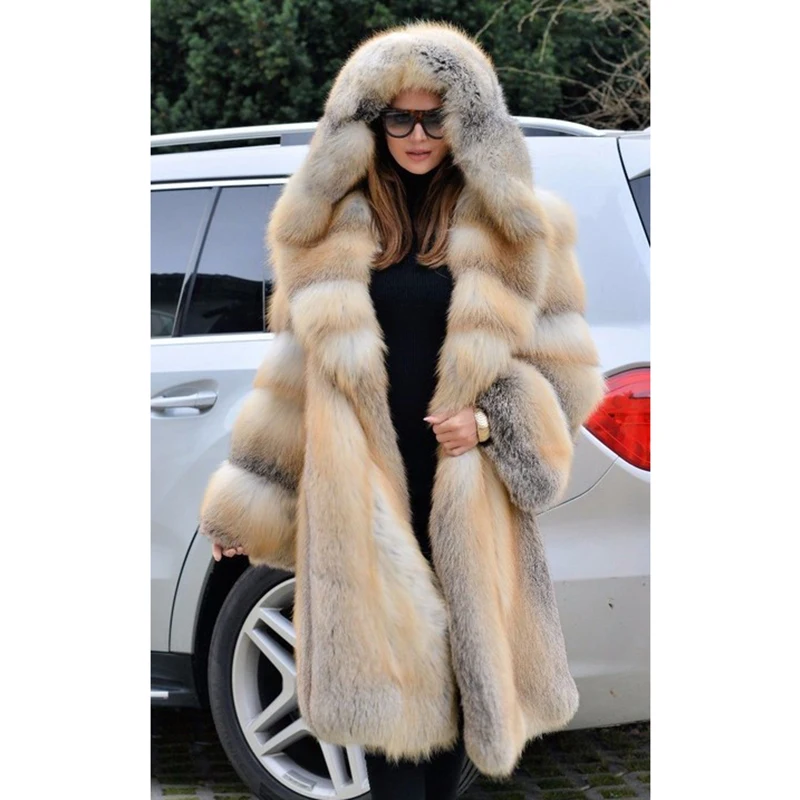 

FURSARCAR Luxurious Real Natrual Golden Fox Fur Jacket With Hood Thick 2020 New Fashion Long Women Winter Fur Coat Plus Size