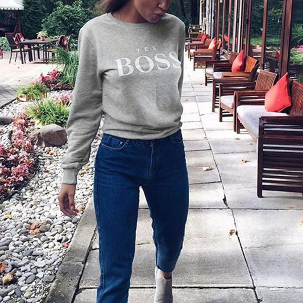 Женская Осенняя Толстовка Yes Boss с буквенным принтом, толстовка с капюшоном, Женский пуловер с длинным рукавом, джемпер Sudadera Mujer
