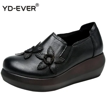 

Handmade Spring Autumn Ethnic Comfortable Women Wedges Genuine Leather Women's Shoes Round Toe Platform High Heels