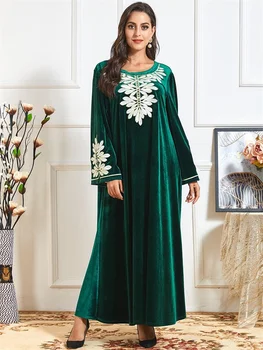 

Siskakia Plus Size Maxi Dress for Women Winter 2020 New Ethnic Velvet Embroidery O Neck Long Sleeve Loose Arabic Turkey Clothes