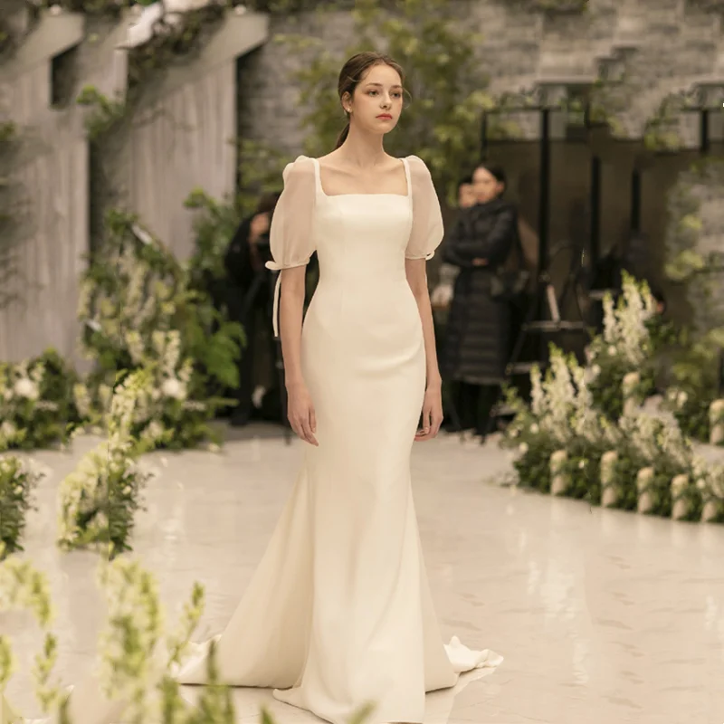 

New Mermaid Satin Wedding Dress Simple Sheer Short Sleeves Korean Square Collar Buttons Свадебное платье Платья платье 2021
