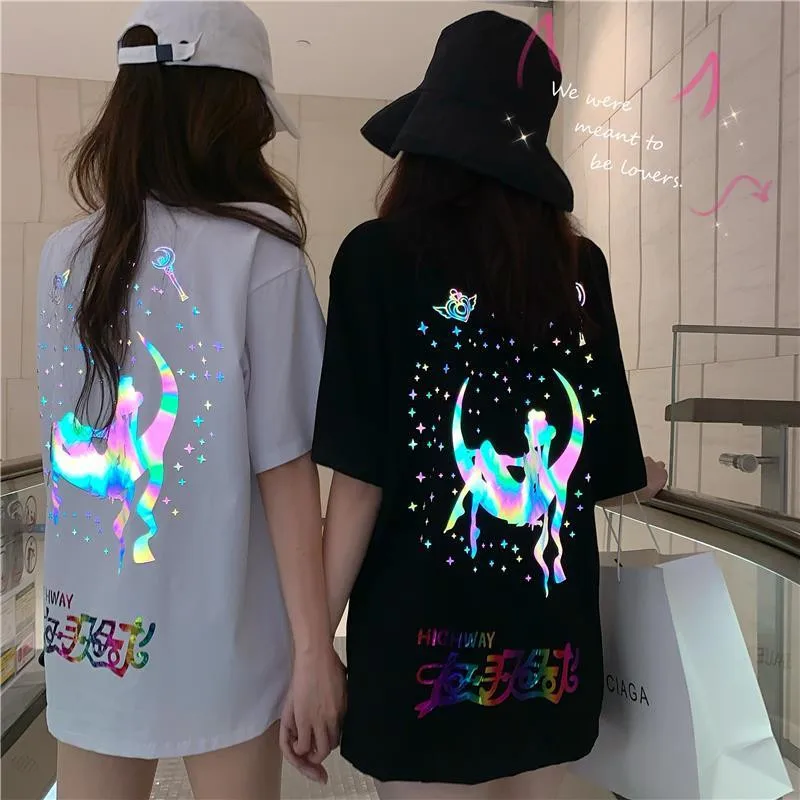 Светоотражающая футболка Sailor Moon уличная мода каваи смешная Харадзюку Япония