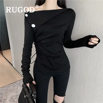 

RUGOD new autumn solid black shirt sexy women skew collar off shoulder long sleeve lace up slim blouse fashion female cool tops