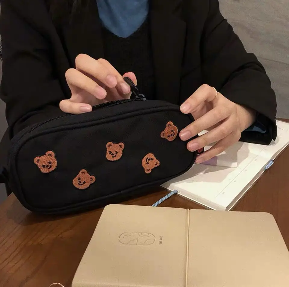 

Cute bear embroidery stationery storage bag large capacity pencil case multi-purpose portable cosmetic bag