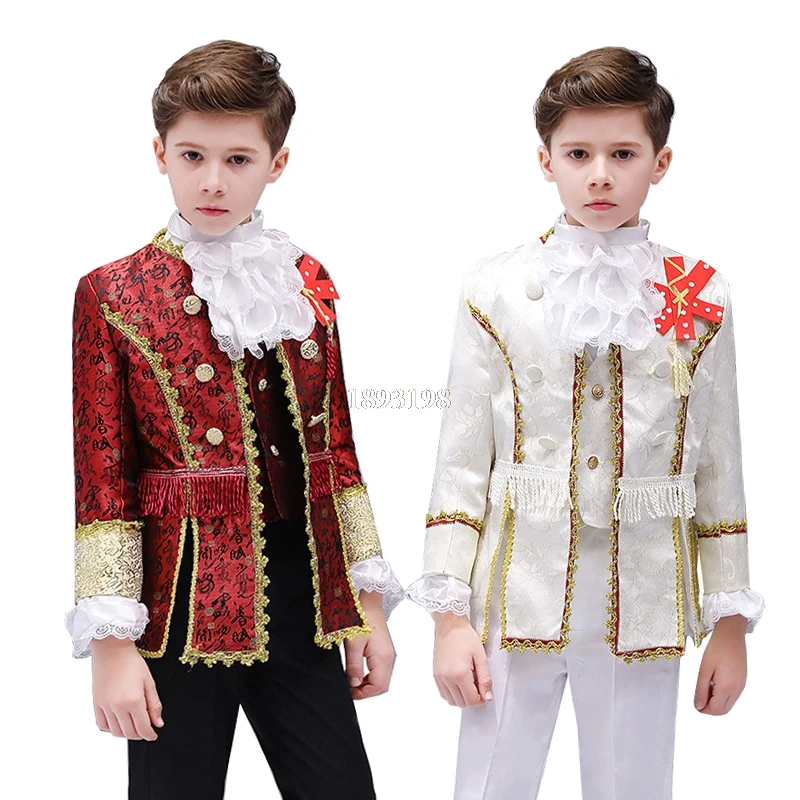 

Boys Retro European Court Clothing Set Child Stage Retro Prince Charming Costume Kids Blazer Vest Pants Collar Flower Outfit