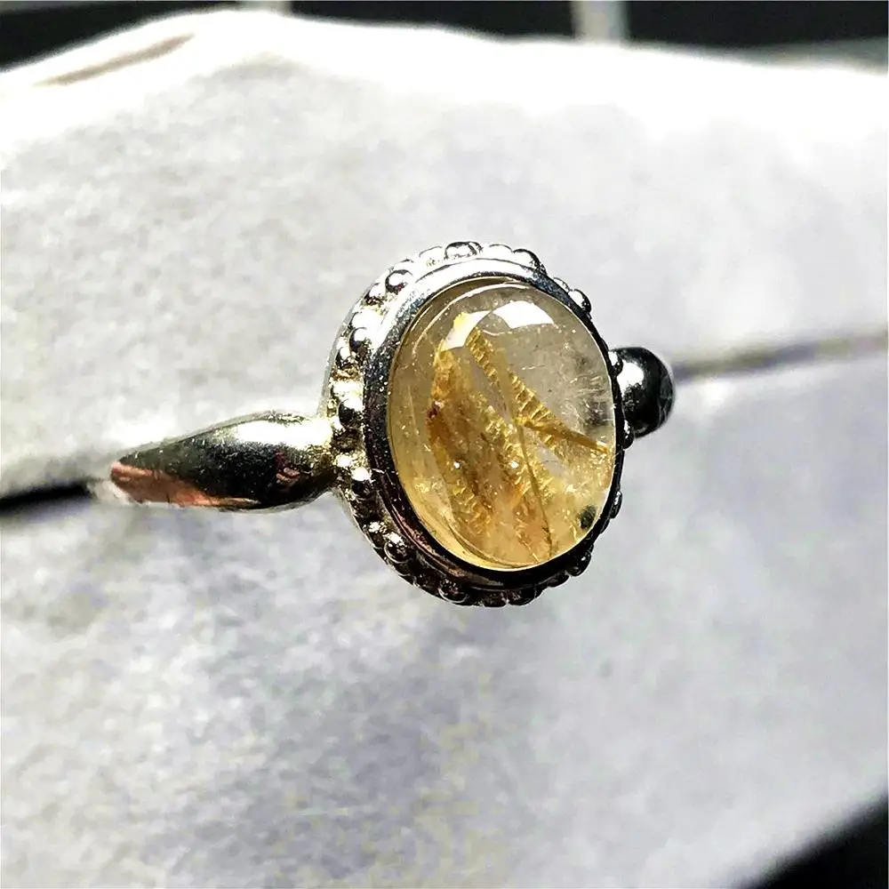 

Real Natural Gold Rutilated Ring Jewelry For Woman Lady Man Quartz Clear Crystal 9x7mm Beads Silver Adjustable Size Ring AAAAA