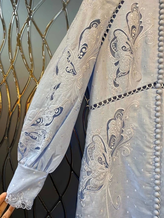 Autumn Early New Women's Wear Small Standing Necklace Embroidery Butterfly Hollow-out Perspective Long Sleeve Dress 1005