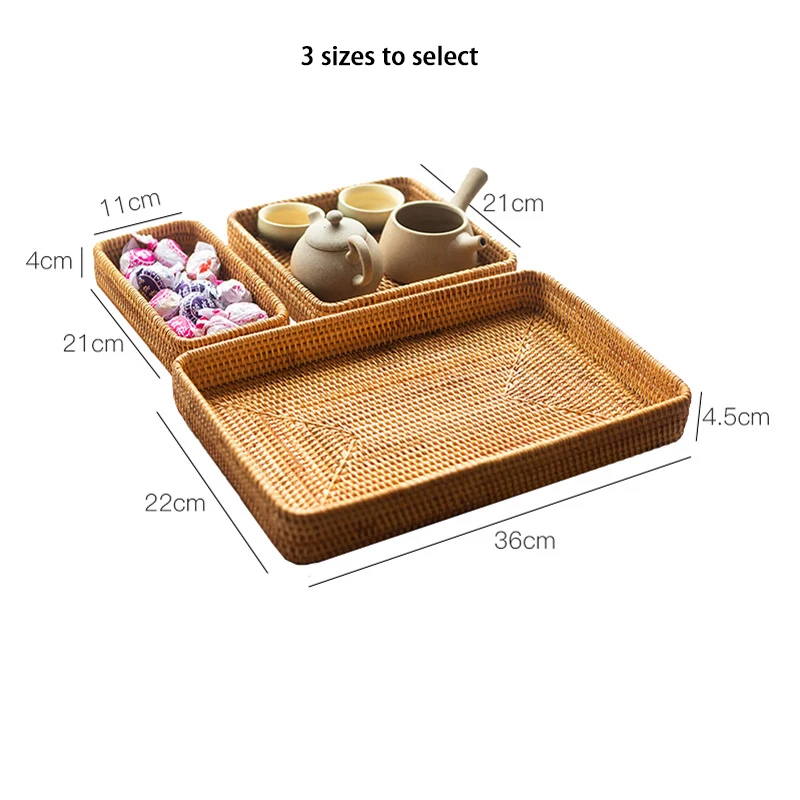 Handwoven Rattan Storage Tray Square Wicker Basket Bread Food Plate Fruit Cake Platter Dinner Serving Tray Kitchen Decoration wooden serving tray,kitchen tray,bamboo organizer tray