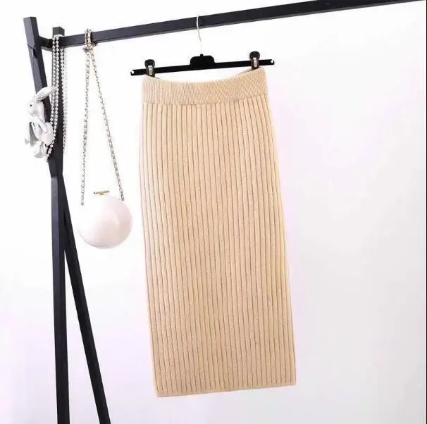 Хаки Women Midi Pencil Skirt Back Slit Bodycon Elegant Autumn Winter Casual Knitted Skirt High Waist Skirts Female Jupe Femme Faldas - Цвет: Хаки