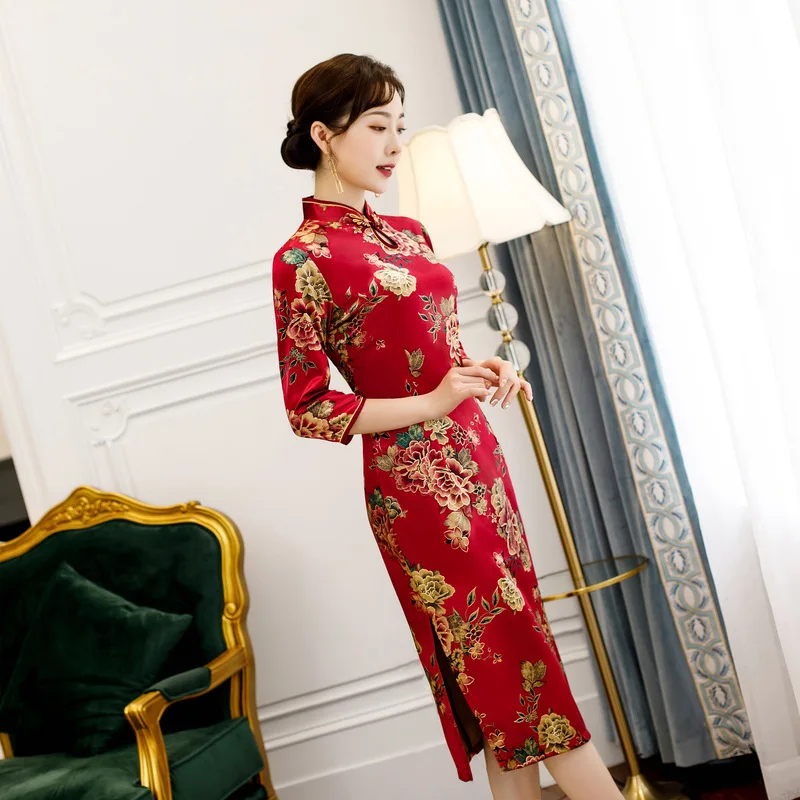 Женское платье вечернее платье с принтом три четверти рукав cheongsam бархат vestidos китайское платье свадебное платье Размер M-4XL
