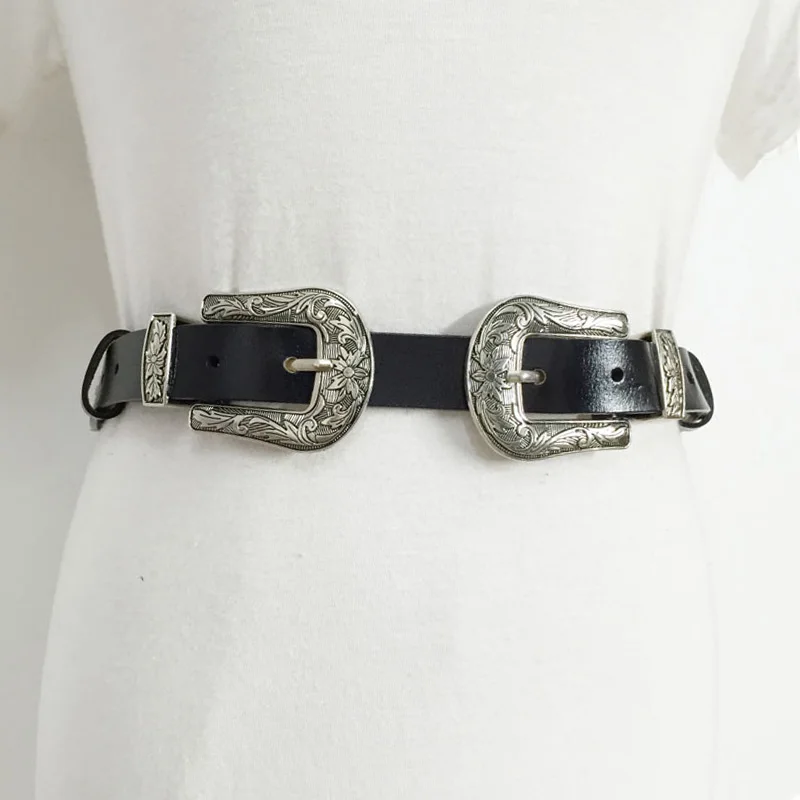 

Retro Women PU Leather Belts Carved Printed Double Buckle Waist Belt Designer Ladies Trouser Dress Wild Decorative Waistband