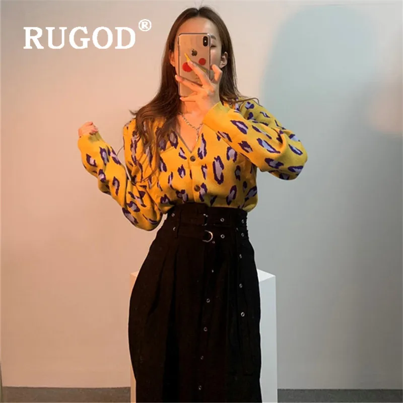RUGOD свитер с леопардовым узором, кардиганы для женщин, v-образный вырез, однобортный, Свободный Трикотаж, Новинка осени, модное женское элегантное пальто