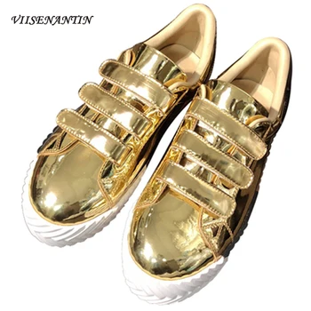 

New Fashion Autumn Hook & Loop Casual Flat Platform Round Toe Gold Sneakers Genuine Leather Thick Sole All-match White Shoes