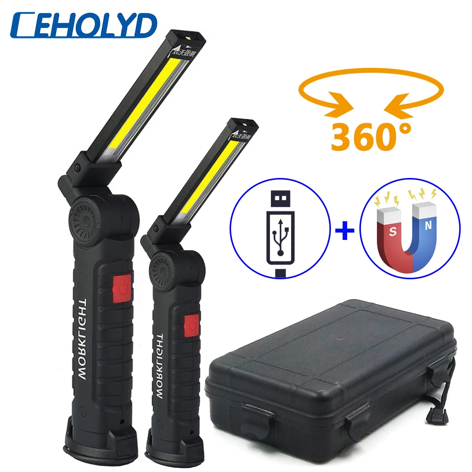 LED COB Working Lamp Flashlight USB Rechargeable Built-in Battery Torch 3 Mode Flash Light with Magnet Portable Camping Lantern