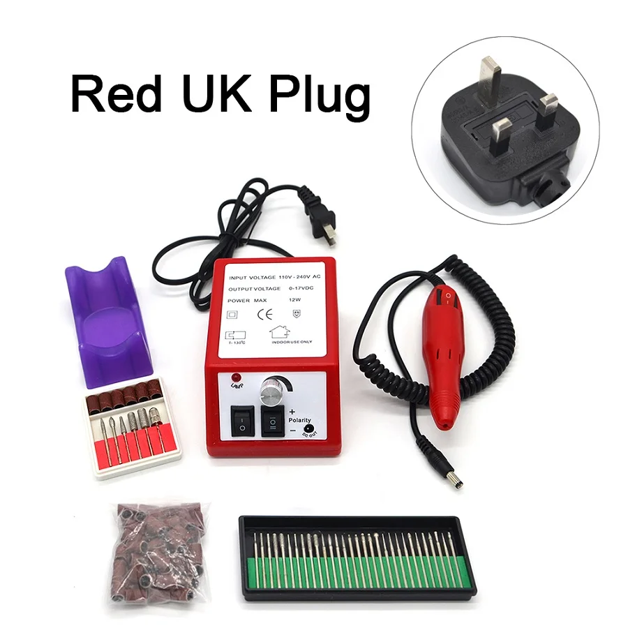 Red UK Plug 30 50 Красная дрель для маникюра и педикюра, профессиональная электрическая машинка, набор инструментов для маникюра и педикюра, набор инструментов+ 30 шт. сверло для ногтей+ 50 шт. шлифовальных полос - Цвет: Red UK Plug 30 50