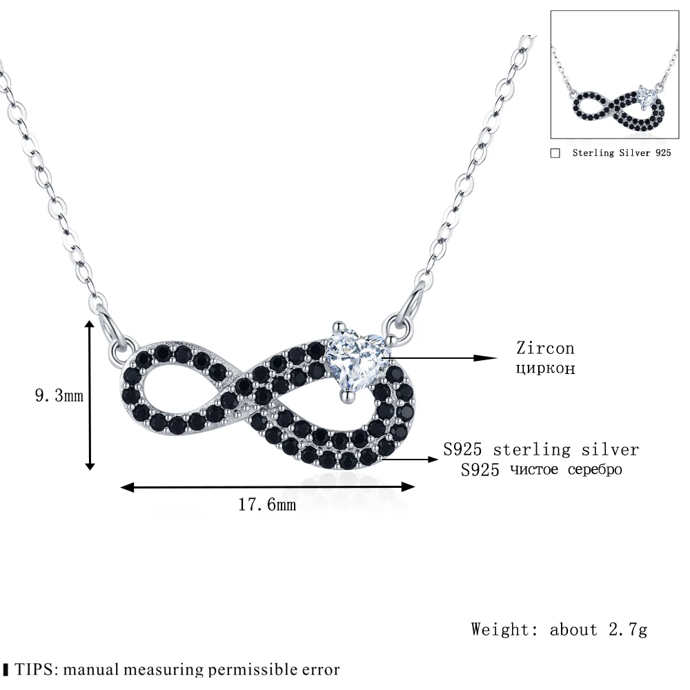 Black Awn Necklace Jewelry Pendant Silver Color for Women Link Chain Zircon Fashion Party Lucky 8 Chian K070