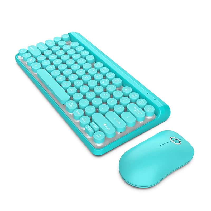Ультра-тонкая 2,4G Беспроводная клавиатура с круглой Ретро бесшумной мышью набор 77 панк клавишная Кепка Мышь Клавиатура комбо набор - Цвет: Синий