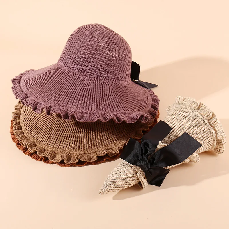 

New Autumn Beach Wide Brim Women Summer Outdoor Sport Solid Color Cap Hat Foldable Garden Working Sea Sun Proof Girls Big Bow