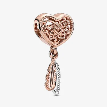 

925 Sterling Silver 2020 New Rose Gold Openwork Heart Two Feathers Charm Beads Fit Original 3mm Charm Bracelet Jewelry Gift