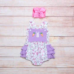 Barboteuse d'été pour filles, sans manches, violet, rose, imprimé de fleurs, motif brodé lapin et carotte de pâques, pour bébés 