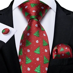 Red Green Christmas Tree Pattern Printed Silk Ties For Men Party Neck Tie Pocket Square Cufflinks Set Gift For Men DiBanGu