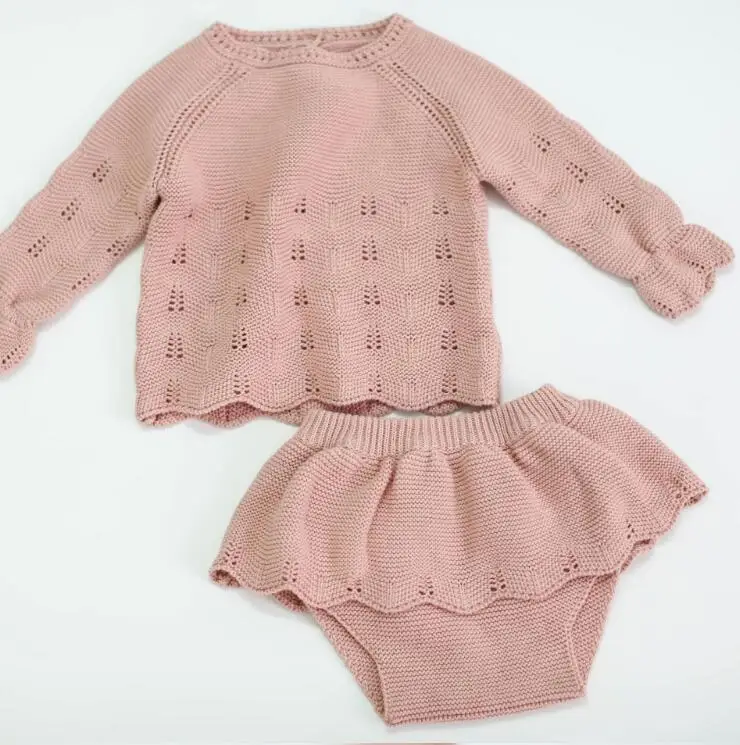 Г., вязаный комплект из 2 предметов в Корейском стиле для маленьких девочек, свитер+ шорты с оборками модные костюмы для девочек на осень и зиму от 0 до 3 лет, PP525