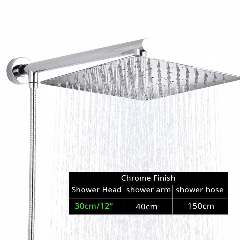 12inch Chrome Set Черная ультратонкая насадка для душа, настенный кронштейн для душа Bar150cm, душевой шланг, набор для ванной комнаты - Цвет: 12inch Chrome Set