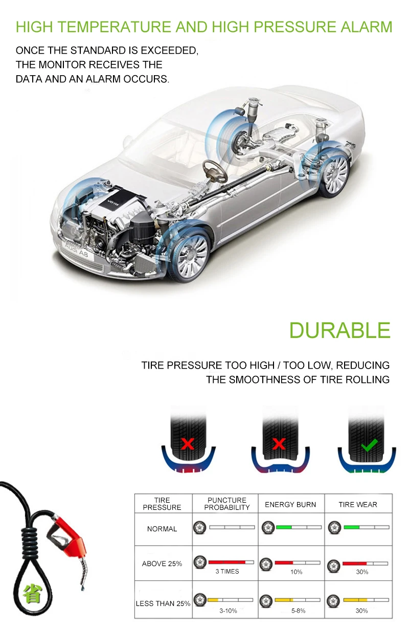 Автомобильный монитор давления в шинах, система солнечной энергии, цифровой ЖК-дисплей, 4 колеса, внутренний внешний датчик шин, оповещение о температуре